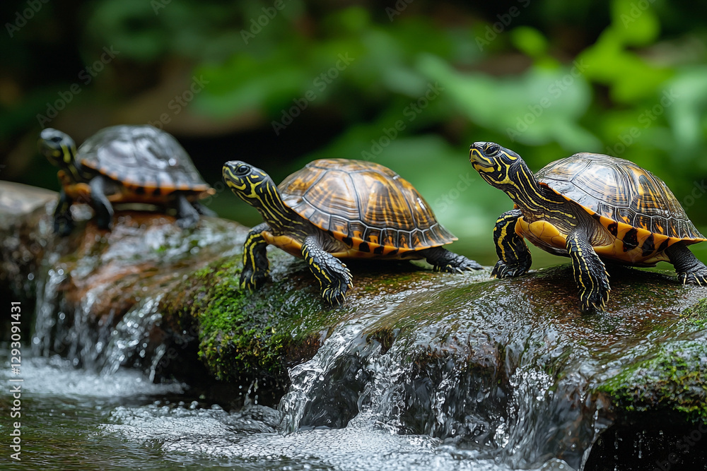 Fototapeta premium Turtles basking on mossy waterfall rocks, a tranquil waterscape scene