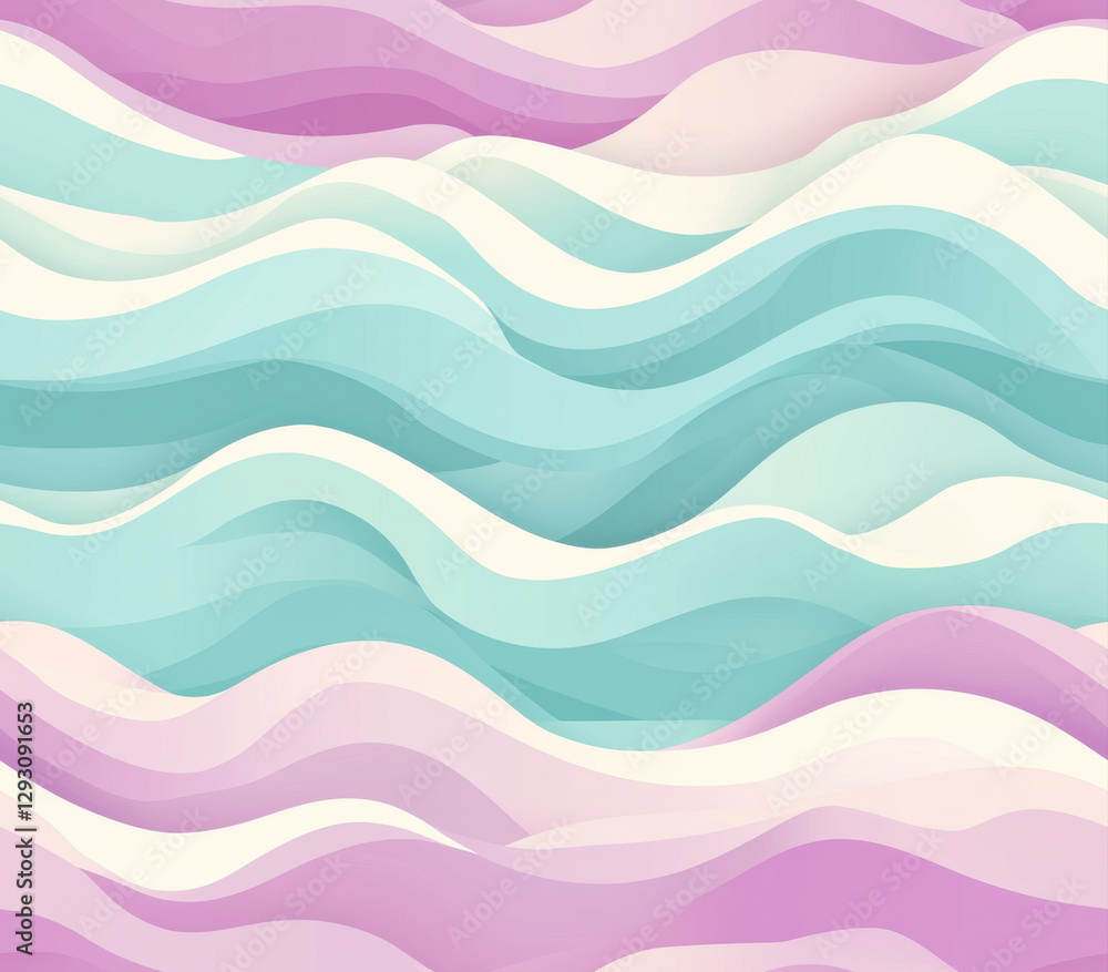 Fototapeta premium Soft waves in teal, seafoam, and pastel colors create calming effect, Seamless Pattern Style.
