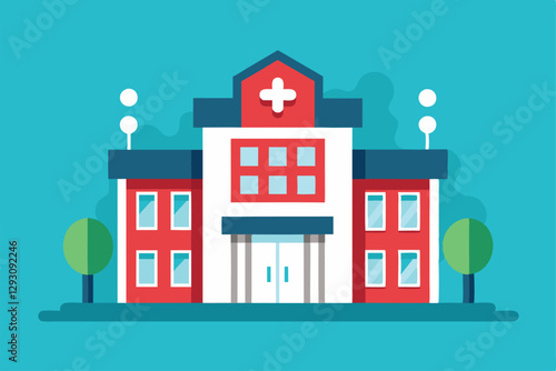 A colorful and modern hospital building showcases its design elements against a bright blue backdrop, Stylish graphic of a hospital building with subtle medical symbols