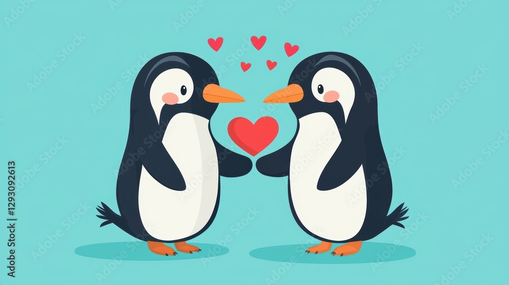Naklejka premium A loving couple of penguins holding a red heart.