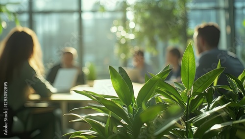 Professional business team collaborating around office table with laptops and plants, natural sunlight through windows enhancing corporate training and leadership concepts.