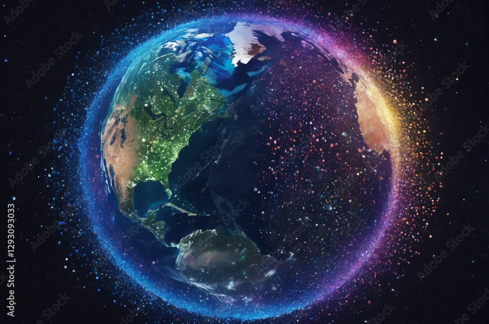 Obraz premium A holographic Look at the planet Earth, made up of many particles. Generative AI.