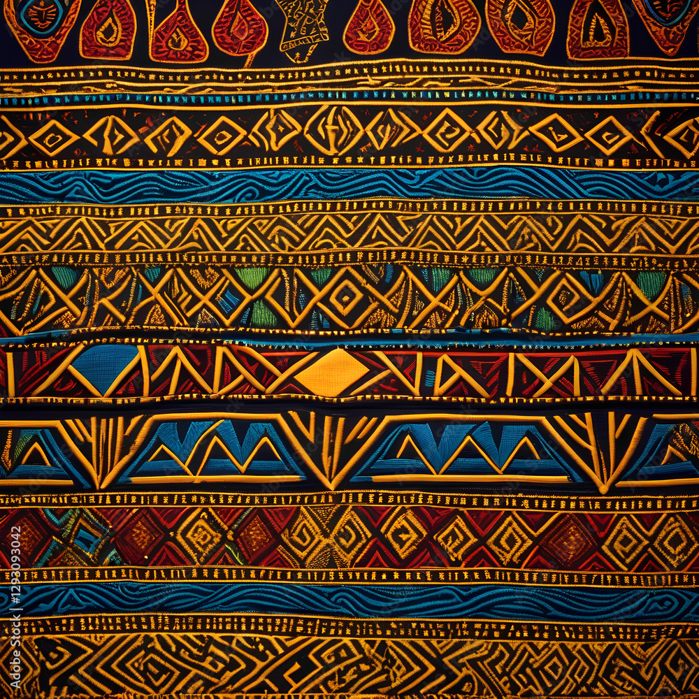 This image demonstrates a traditional African fabric pattern. The textile shows a complex interplay of vibrant colors - deep ochre, royal blue, fiery red and earthy brown This image demonstrates a traditional African fabric pattern. The textile shows a complex interplay of vibrant colors - deep ochre, royal blue, fiery red and earthy brown
