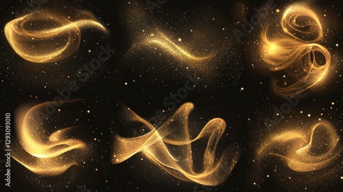 Abstract glowing golden light effect set illustration of swirling lines with sparkling stars on a black background