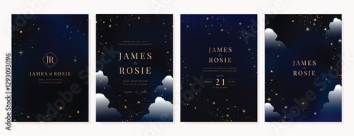 Luxury invitation card design vector set. Elegant wedding card with little star moon sun and space decorative on watercolor navy blue background. Design illustration for cover, poster, gala.