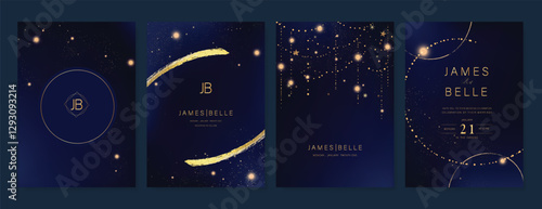 Luxury invitation card design vector set. Elegant wedding card with little star moon sun and space decorative on watercolor navy blue background. Design illustration for cover, poster, gala.