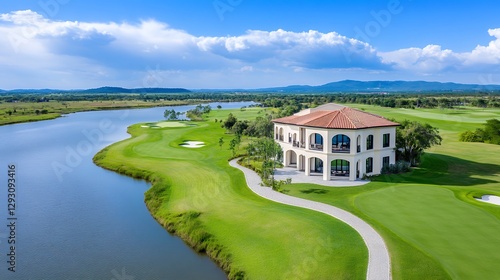 Aerial View Of Luxurious Golf Course Home With Lake