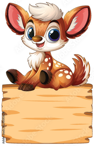 Cute Fawn Sitting on Wooden Sign