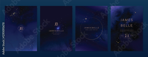 Luxury invitation card design vector set. Elegant wedding card with little star moon sun and space decorative on watercolor navy blue background. Design illustration for cover, poster, gala.