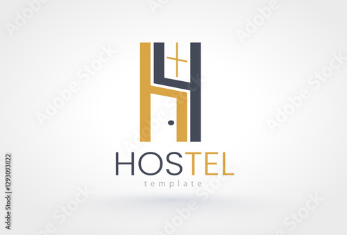 Hostel Abstract Logo Vector Template Emblem. Silhouette Door and Window. Letter H