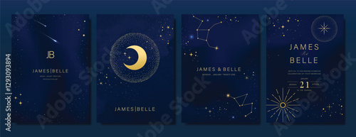 Luxury invitation card design vector set. Elegant wedding card with little star moon sun and space decorative on watercolor navy blue background. Design illustration for cover, poster, gala.