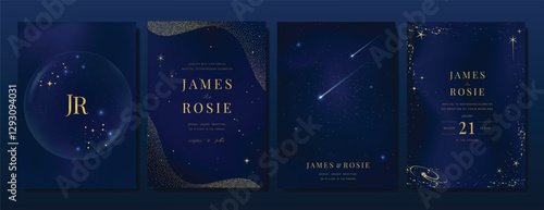 Luxury invitation card design vector set. Elegant wedding card with little star moon sun and space decorative on watercolor navy blue background. Design illustration for cover, poster, gala.