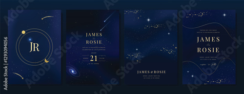 Luxury invitation card design vector set. Elegant wedding card with little star moon sun and space decorative on watercolor navy blue background. Design illustration for cover, poster, gala.