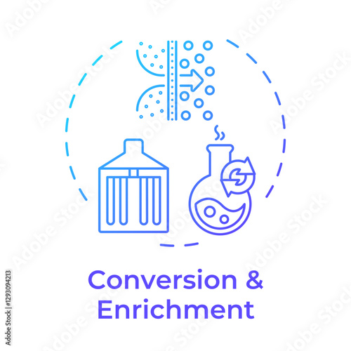 Conversion and enrichment blue gradient concept icon. Yellowcake to uranium hexafluoride. Nuclear fuel cycle. Round shape line illustration. Abstract idea. Graphic design. Easy to use in booklet