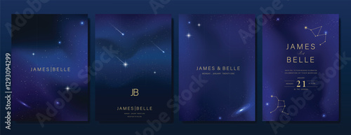 Luxury invitation card design vector set. Elegant wedding card with little star moon sun and space decorative on watercolor navy blue background. Design illustration for cover, poster, gala.