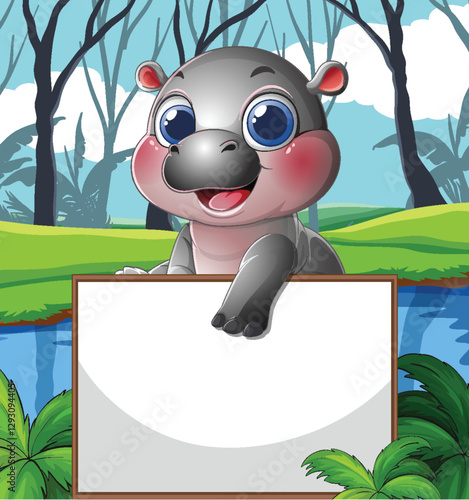 Cute Hippo with Blank Sign