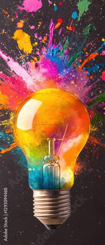 A vibrant light bulb exploding with colorful paint splashes, symbolizing creativity and innovation.