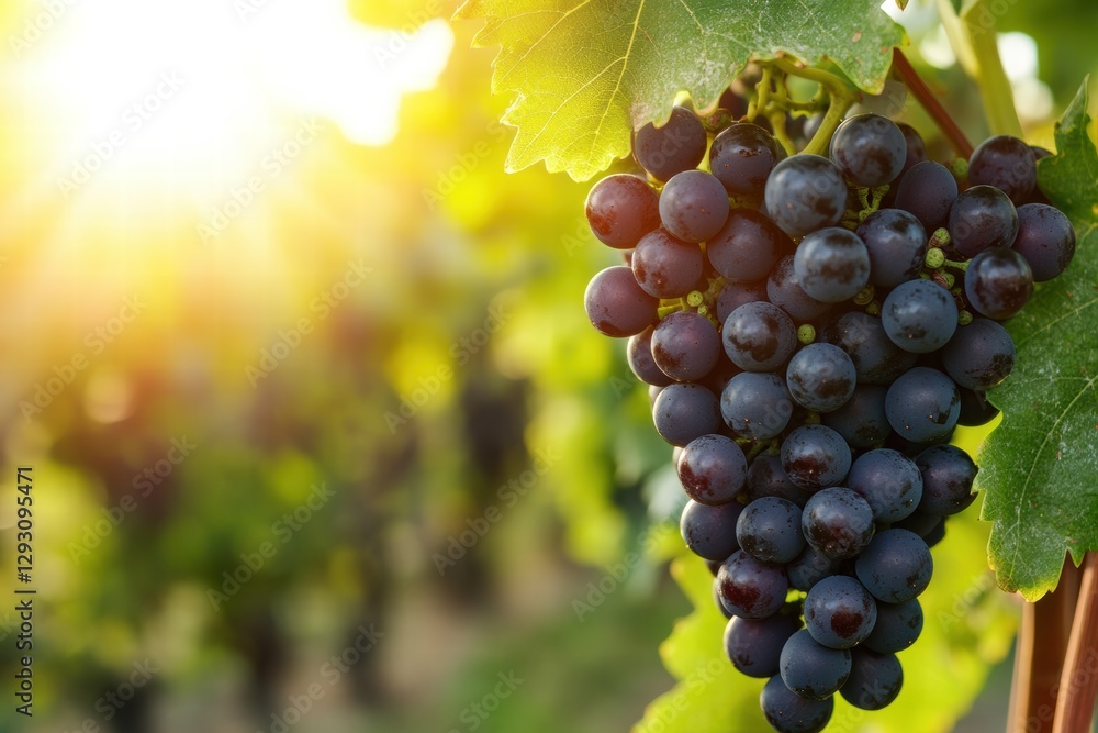 Naklejka premium A beautiful bunch of dark grapes illuminated by sunlight, surrounded by natural green leaves in a peaceful vineyard.