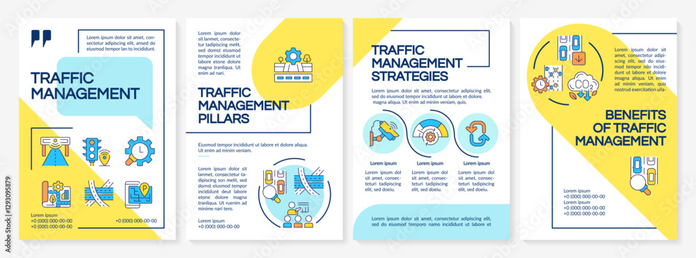 Naklejka premium Traffic management blue and yellow brochure template. System and engineering of transport roads. Leaflet design with linear icons. Editable 4 vector layouts. Questrial, Lato-Regular fonts used