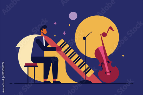 A musician creates melodies on a melodica, illuminated by a glowing moon with a cello in the background, Use minimalistic elements to convey the feeling of a jazz improvisation
