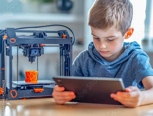 A young innovator focuses intently on a tablet while monitoring the progress of a 3D printer creating a vibrant orange object