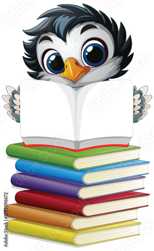 Penguin Reading on Colorful Book Stack