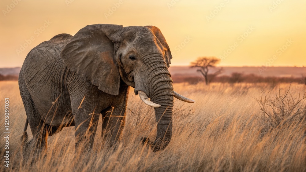 Fototapeta premium an majestic elephant standing in an open savanna at sunset, with the warm sunlight casting a golden glow over the landscape. The elephant is captured in its natural habitat.
