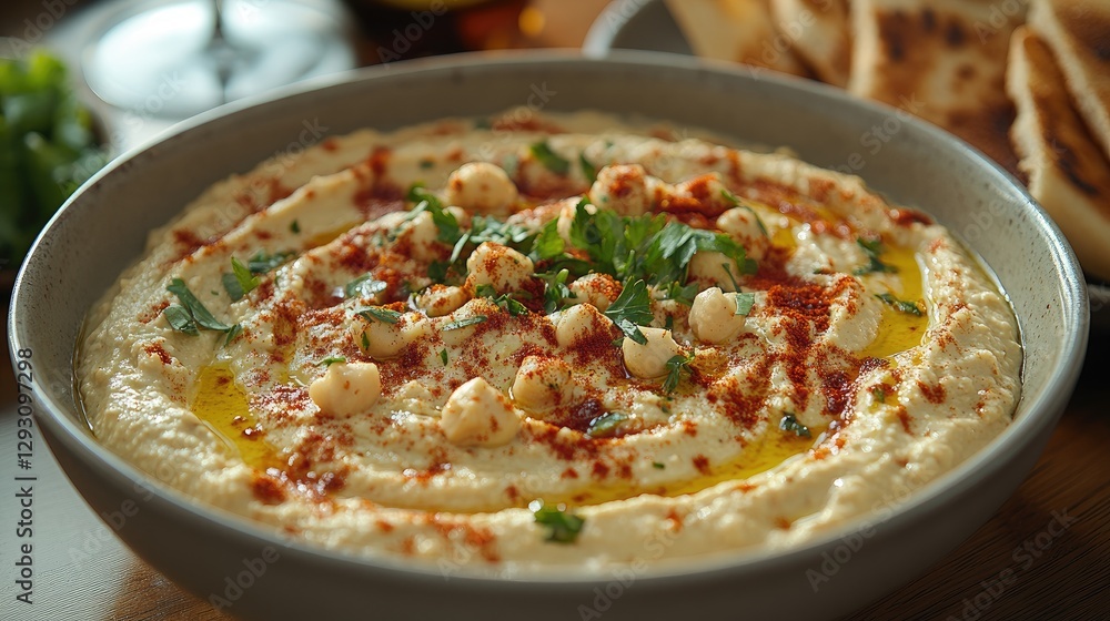 Delicious bowl of creamy hummus garnished with herbs, olive oil, and spices, served with fresh bread on the side Delicious bowl of creamy hummus garnished with herbs, olive oil, and spices, served with fresh bread on the side