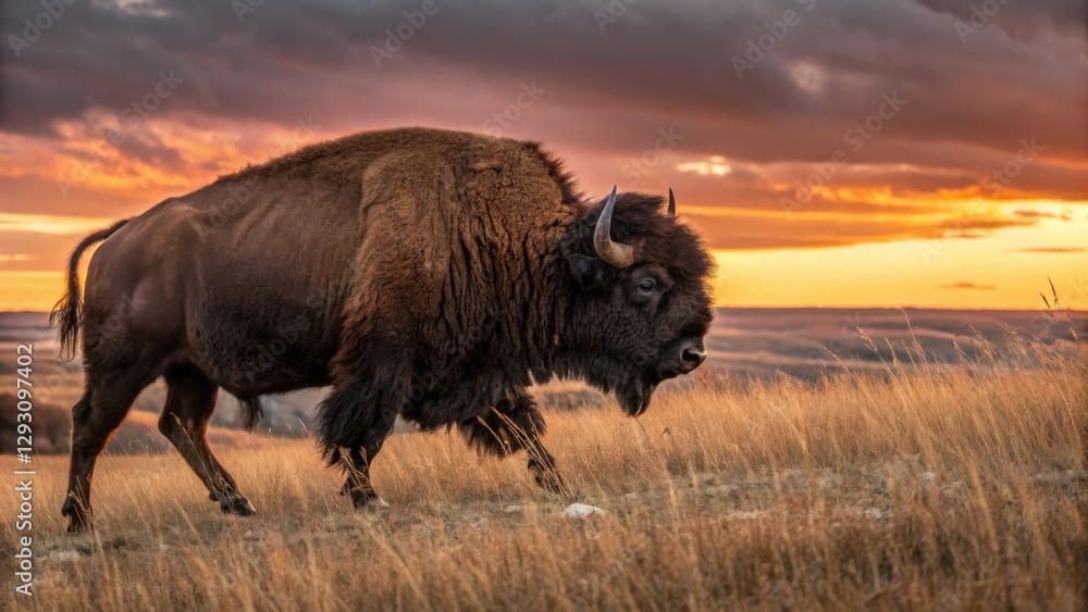 a powerful bison walking majestically across a golden grassland field with beautiful sunset sky background a powerful bison walking majestically across a golden grassland field with beautiful sunset sky background