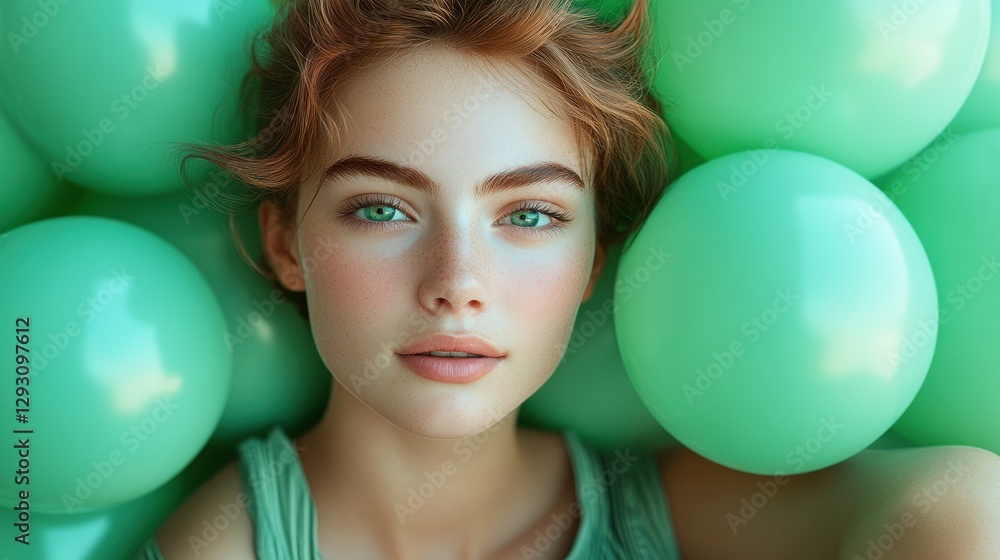 Young woman surrounded by green balloons, showcasing a serene expression Young woman surrounded by green balloons, showcasing a serene expression