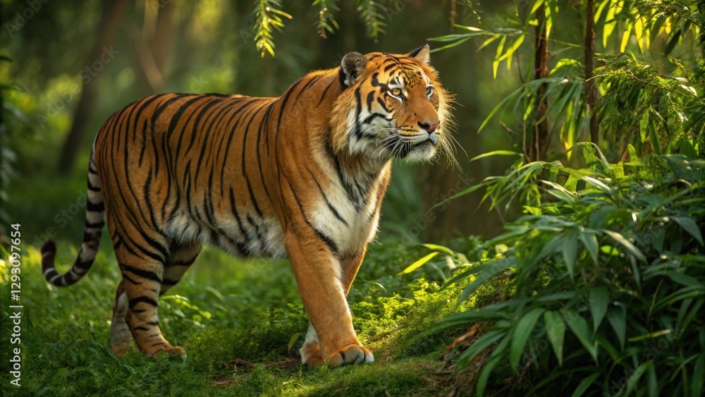 Obraz premium a majestic tiger standing proudly amidst lush green foliage and bamboo trees. The big cat is captured in a moment of alertness
