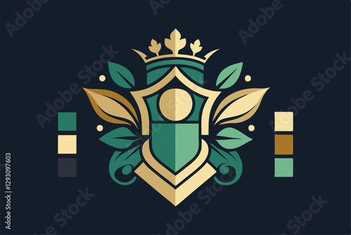 This design features a stylized crest with leaves and a crown, utilizing a restrained color palette for impact, Using a limited color palette to convey a sense of sophistication