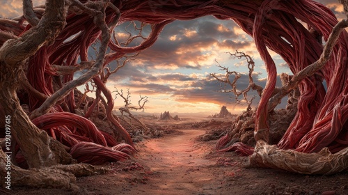 A surreal desert landscape with a winding path and red-tinted trees.