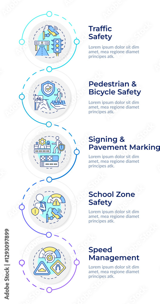 Safety and regulation infographic vertical sequence. Traffic management goals. Road control. Visualization infochart with 5 steps. Circles workflow. Montserrat SemiBold, Lato Regular fonts used Safety and regulation infographic vertical sequence. Traffic management goals. Road control. Visualization infochart with 5 steps. Circles workflow. Montserrat SemiBold, Lato Regular fonts used