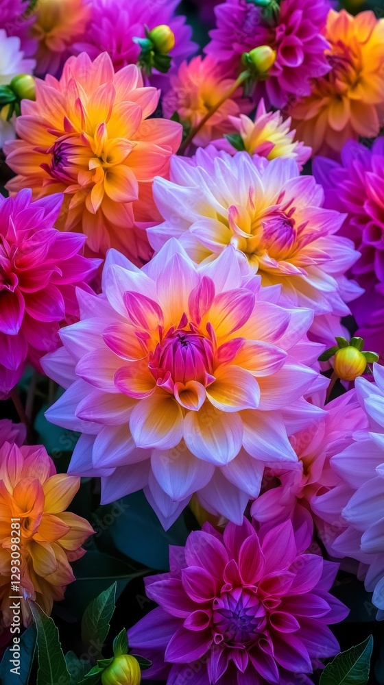 Vibrant multicolored dahlias in full bloom, showcasing rich shades of pink, purple, and yellow. Nature's beauty in floral arrangements concept. Vibrant multicolored dahlias in full bloom, showcasing rich shades of pink, purple, and yellow. Nature's beauty in floral arrangements concept.