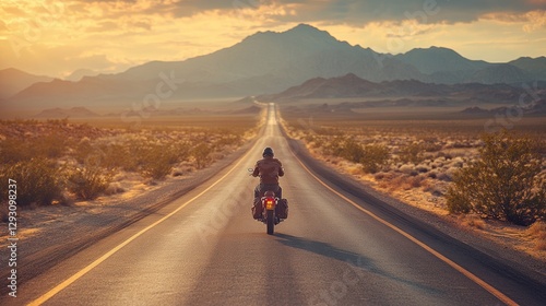A lone motorcyclist rides along an endless desert highway at sunset with mountains in the distance