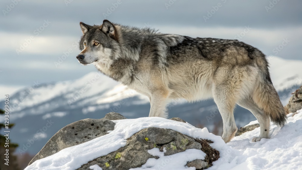 a grey wolf standing on a snow-covered rock with a majestic mountain range in the backdrop. The wolf is alert, its gaze focused, with fur shimmering in the cold air. a grey wolf standing on a snow-covered rock with a majestic mountain range in the backdrop. The wolf is alert, its gaze focused, with fur shimmering in the cold air.