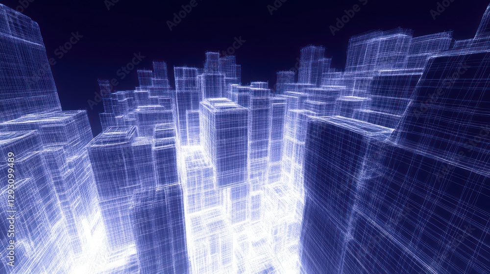 Fototapeta premium Futuristic cityscape, digital architecture, glowing city blocks.