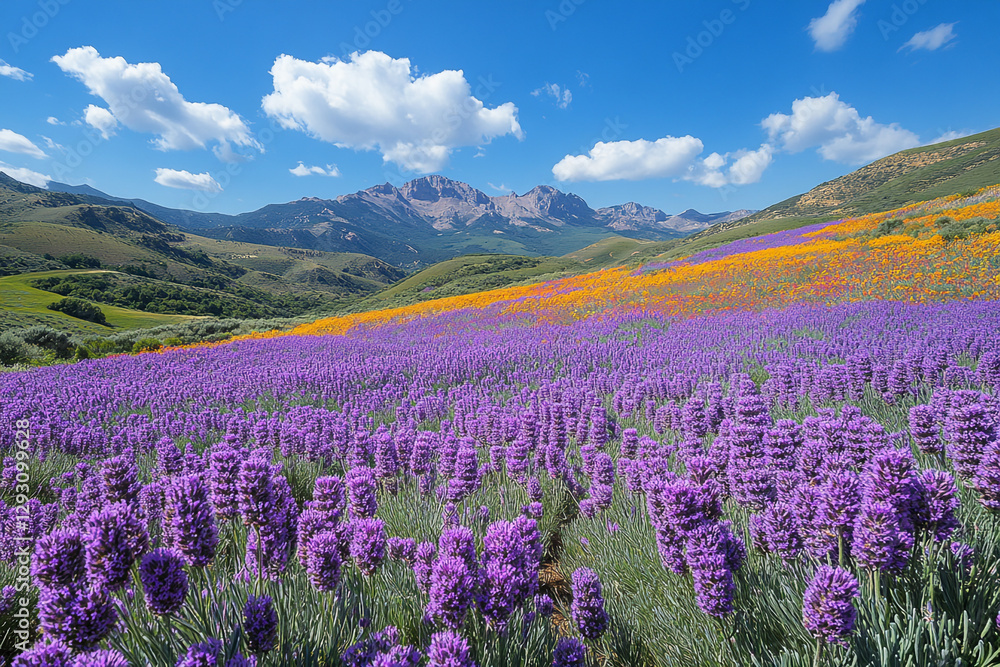 Fototapeta premium Vibrant Tapestry, Lavender and Poppy Fields in the Mountain Valley