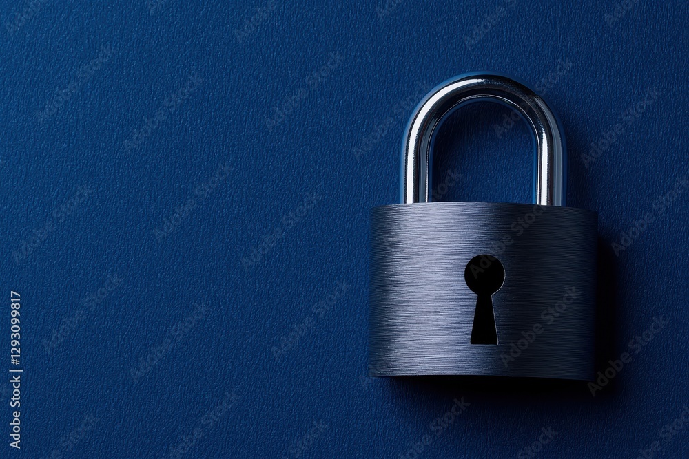 Fototapeta premium A close-up of a metallic padlock on a blue background, symbolizing security and protection.
