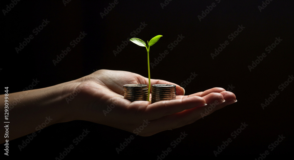 Un brote crece entre monedas en la mano de una mujer. La mujer sostiene monedas y una planta sobre un fondo negro Un brote crece entre monedas en la mano de una mujer. La mujer sostiene monedas y una planta sobre un fondo negro