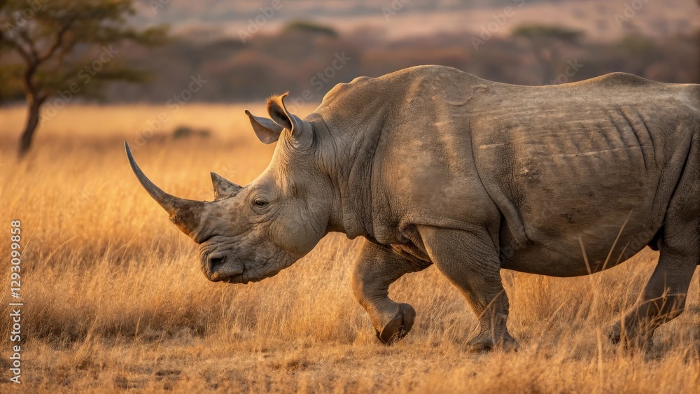Fototapeta premium a majestic rhino walking across a savanna. Its horn is prominent, and it moves powerfully through the tall grass during the golden hour