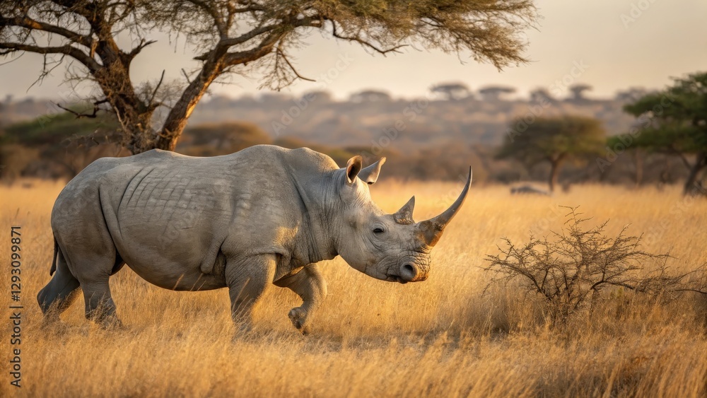 a powerful rhinoceros walking through a dry savanna landscape, under a warm sky a powerful rhinoceros walking through a dry savanna landscape, under a warm sky