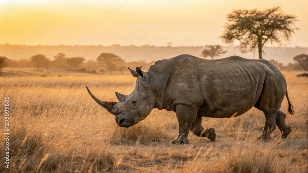 a rhinoceros walking across a savanna grassland during the golden hour, set against a soft sunset a rhinoceros walking across a savanna grassland during the golden hour, set against a soft sunset