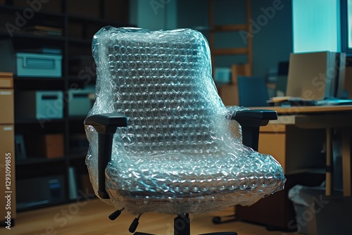 Office chair wrapped in bubble wrap creates a playful atmosphere for classic workplace pranks. Generative AI