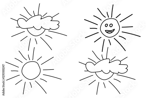 Black and white line drawing of the sun with clouds in different styles, perfect for kids coloring activities.