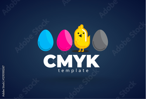 СMYK Print theme logo. Chick and eggs ink. Template design vector. Black background.