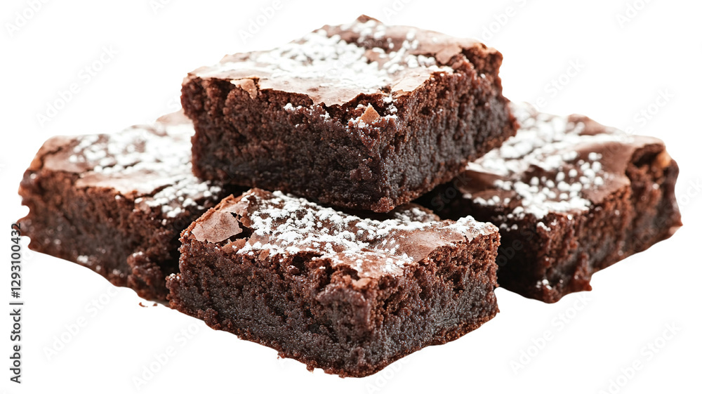 A freshly baked chocolate brownie with a rich, gooey center, topped with a dusting of powdered sugar, isolated on a transparent background. A freshly baked chocolate brownie with a rich, gooey center, topped with a dusting of powdered sugar, isolated on a transparent background.