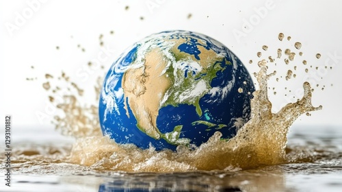 Earth globe splashing in water, illustrating climate change effects with dynamic motion photo