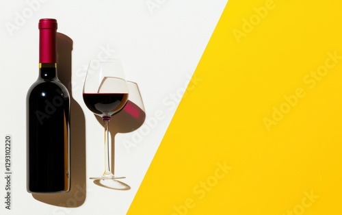 A sleek bottle of red wine stands beside a glass filled with wine, set against a vibrant yellow background.